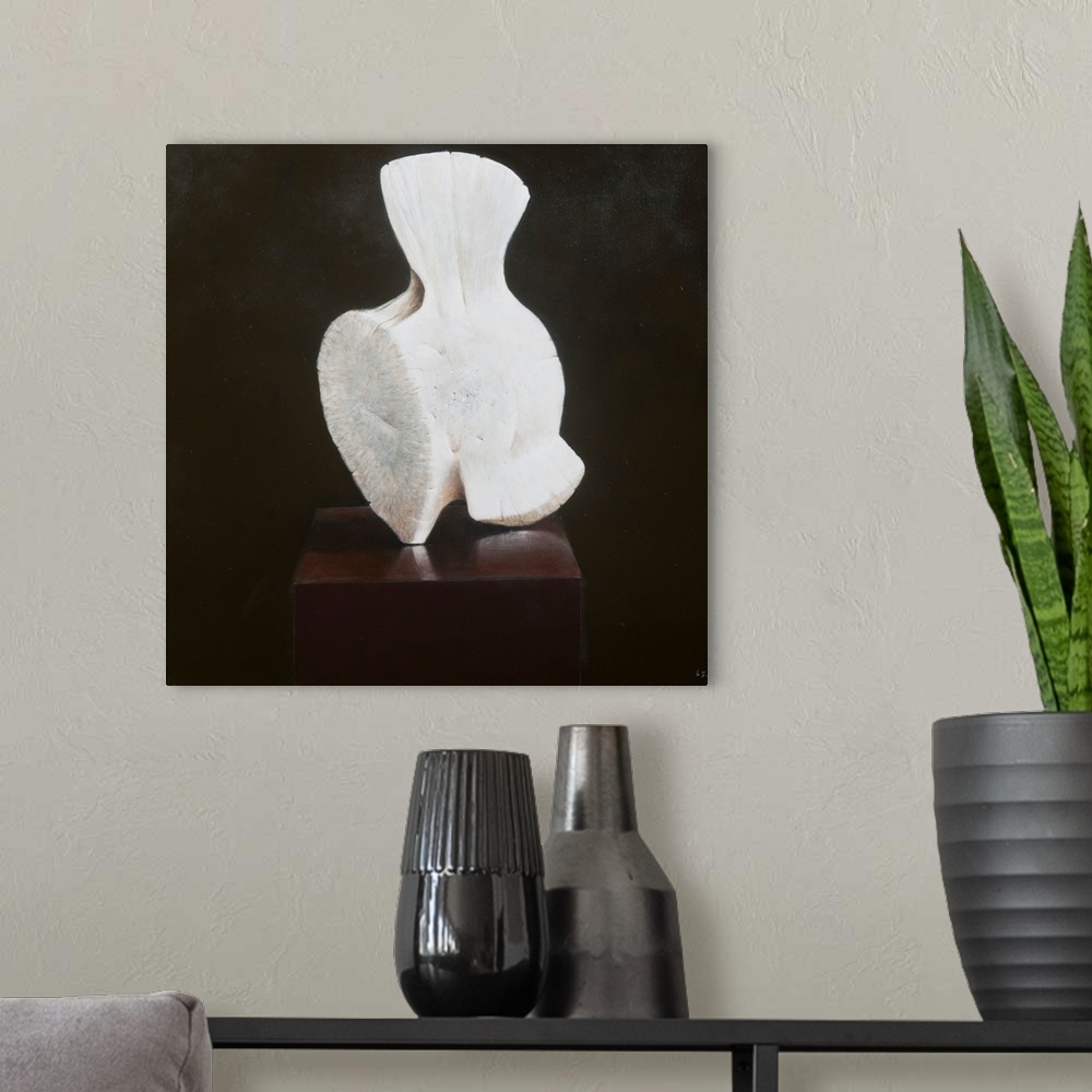 A modern room featuring Contemporary painting of a large white back bone.