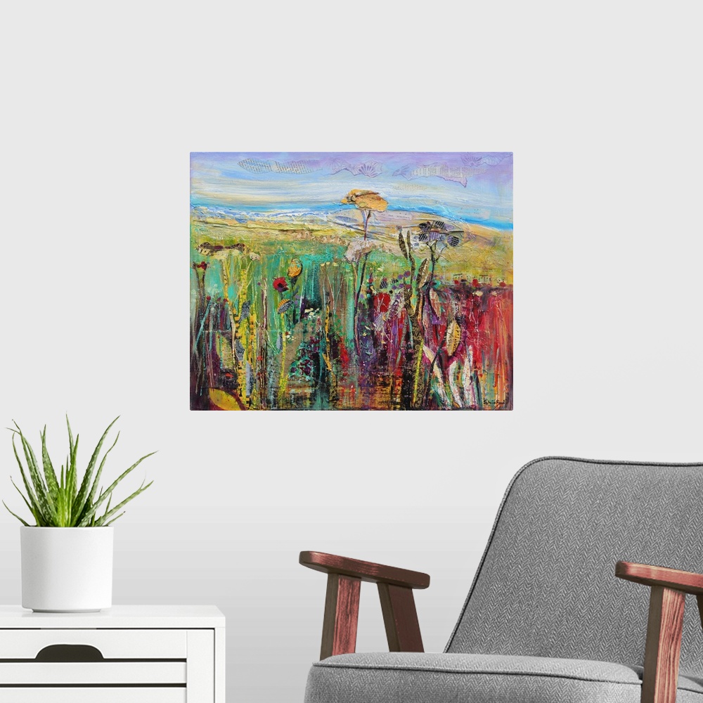 A modern room featuring Contemporary abstract painting using wild colors and textures to create a landscape.