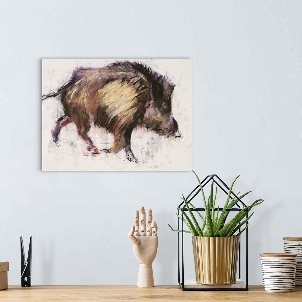 A bohemian room featuring Contemporary painting of a wild boar running.