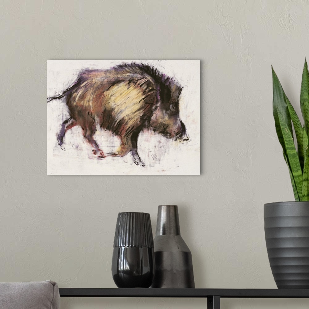 A modern room featuring Contemporary painting of a wild boar running.