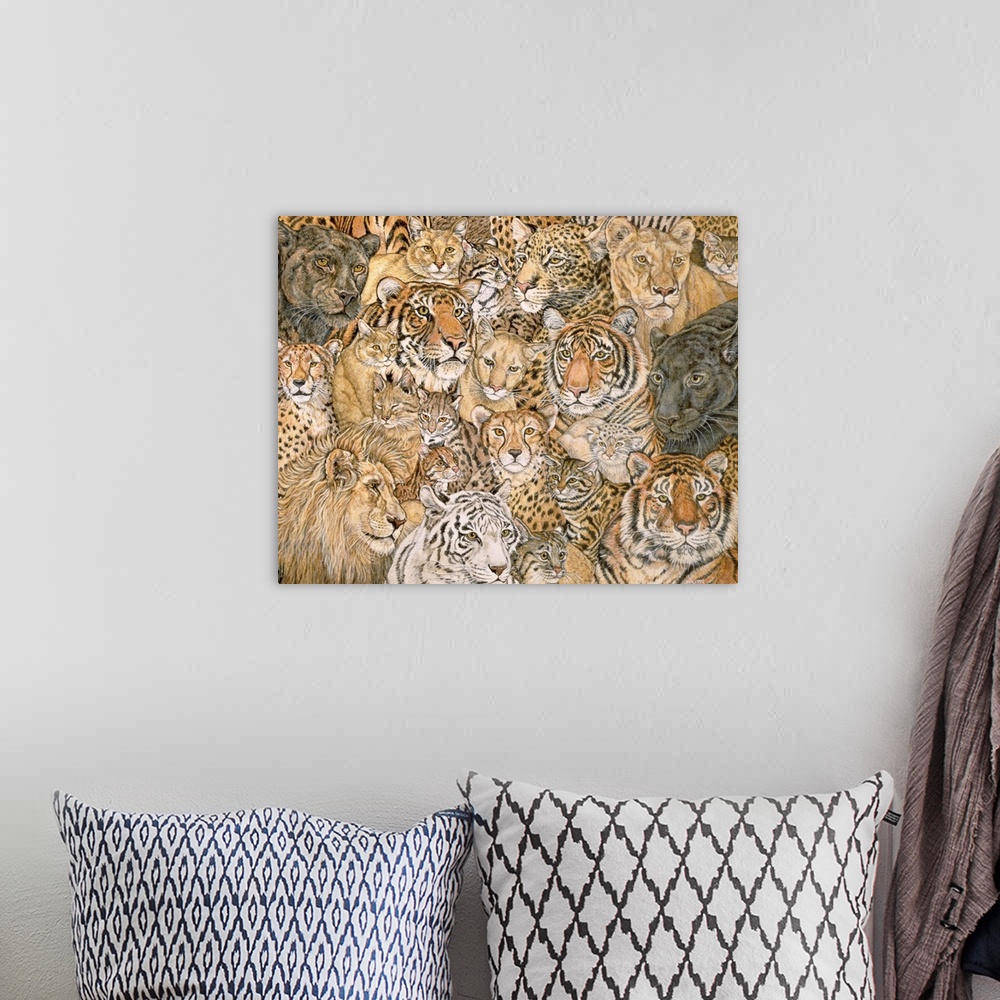 A bohemian room featuring Giant wall art of paintings of various wild cats in a collage style.