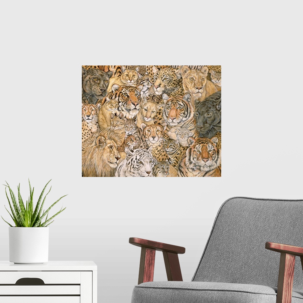 A modern room featuring Giant wall art of paintings of various wild cats in a collage style.