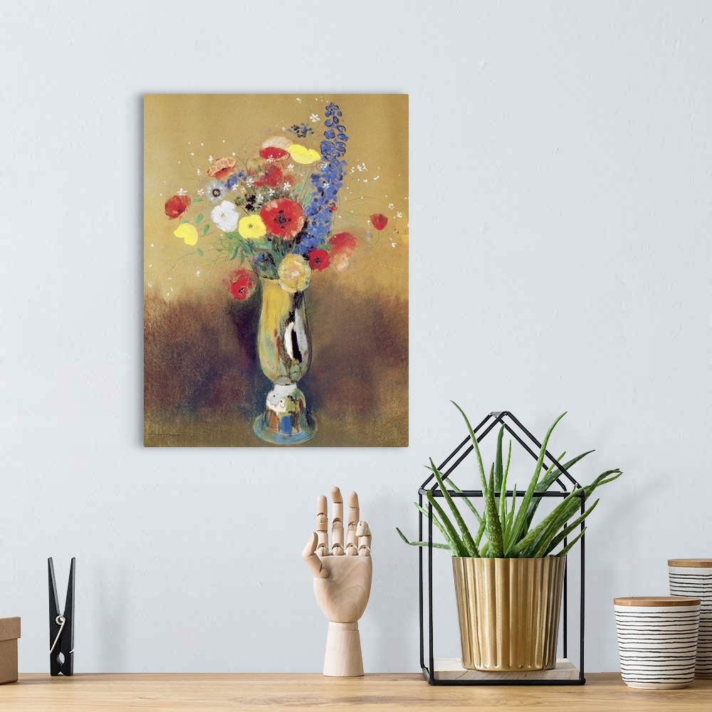 A bohemian room featuring XIR83694 Wild flowers in a Long-necked Vase, c.1912 (pastel on paper)  by Redon, Odilon (1840-191...