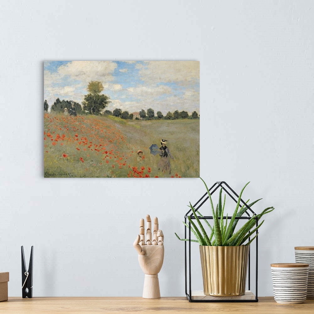 A bohemian room featuring Painting of a mother a child walking through a flower meadow under a cloudy sky.