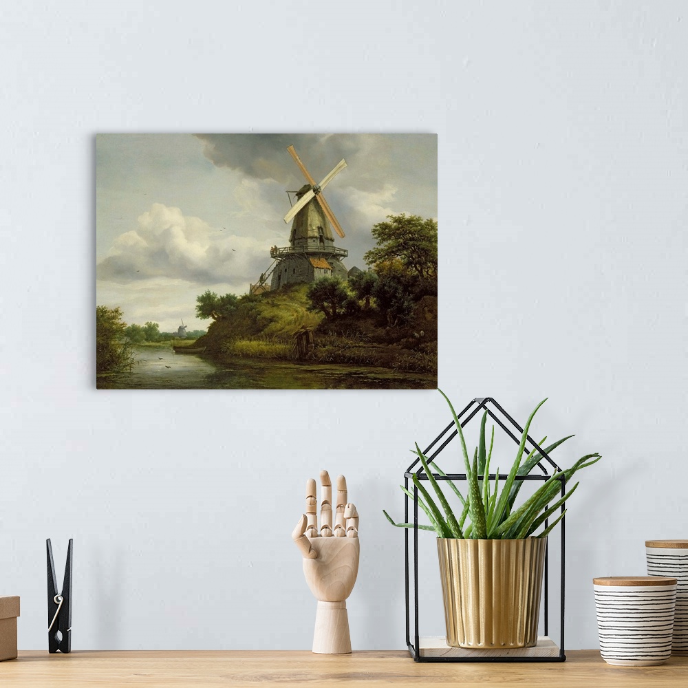 A bohemian room featuring BAL227465 Windmill by a River (oil on canvas)  by Ruisdael, Jacob Isaaksz. or Isaacksz. van (1628...