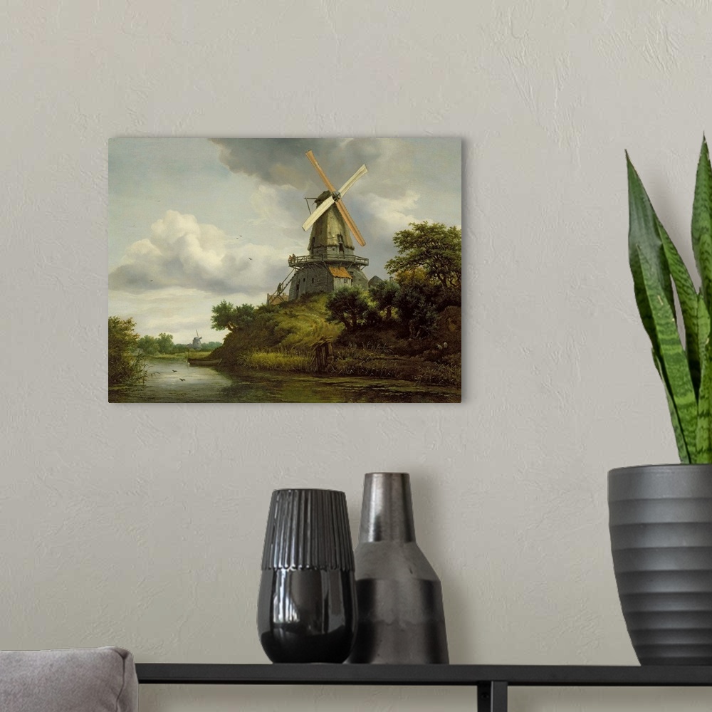 A modern room featuring BAL227465 Windmill by a River (oil on canvas)  by Ruisdael, Jacob Isaaksz. or Isaacksz. van (1628...