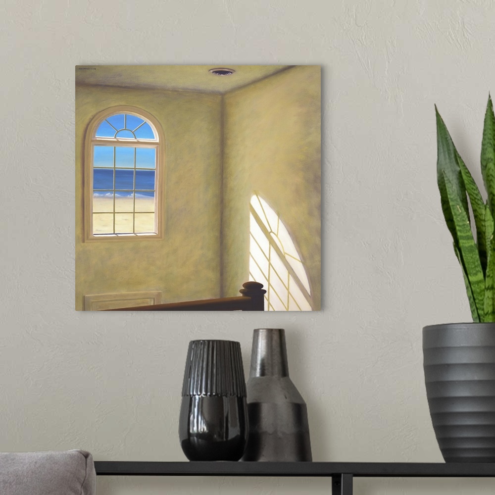 A modern room featuring Contemporary painting of the beach seen through a window.