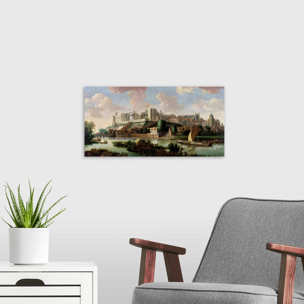 A modern room featuring XYC239856 Windsor Castle seen from the Thames, c.1700 (oil on canvas) by Vorsterman, Johannes (16...