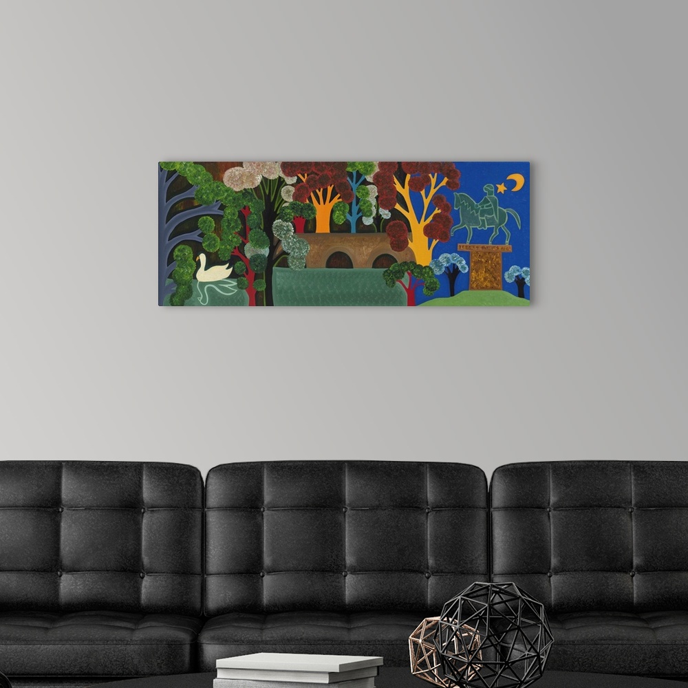 A modern room featuring Contemporary painting of a statue and bridge in a park.