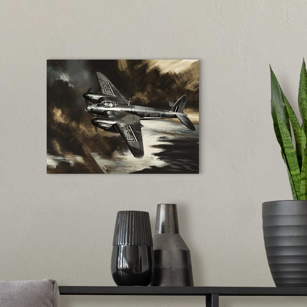 A modern room featuring Wings Over the World: Missions to Danger. B.O.A.C.'s first Mosquito. Original artwork for "Look a...