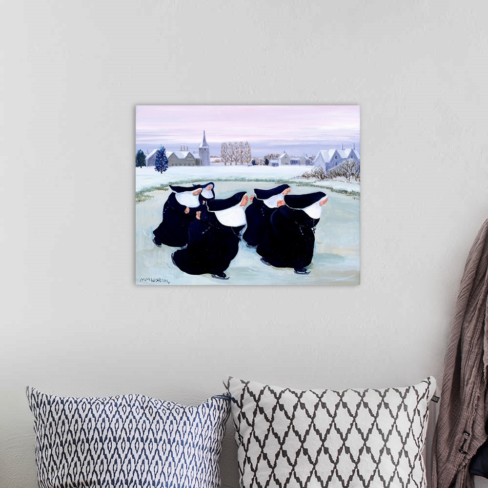A bohemian room featuring Contemporary painting of nuns ice skating in the winter.
