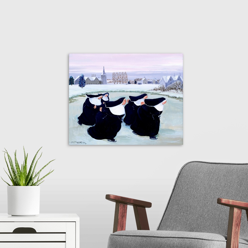 A modern room featuring Contemporary painting of nuns ice skating in the winter.