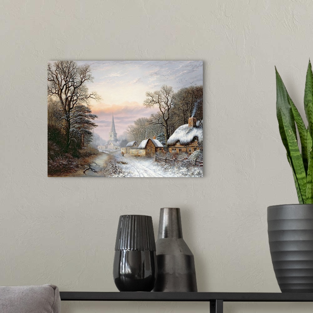 A modern room featuring Horizontal, large painting of a winter landscape, a row of small houses runs alongside a snowy ro...