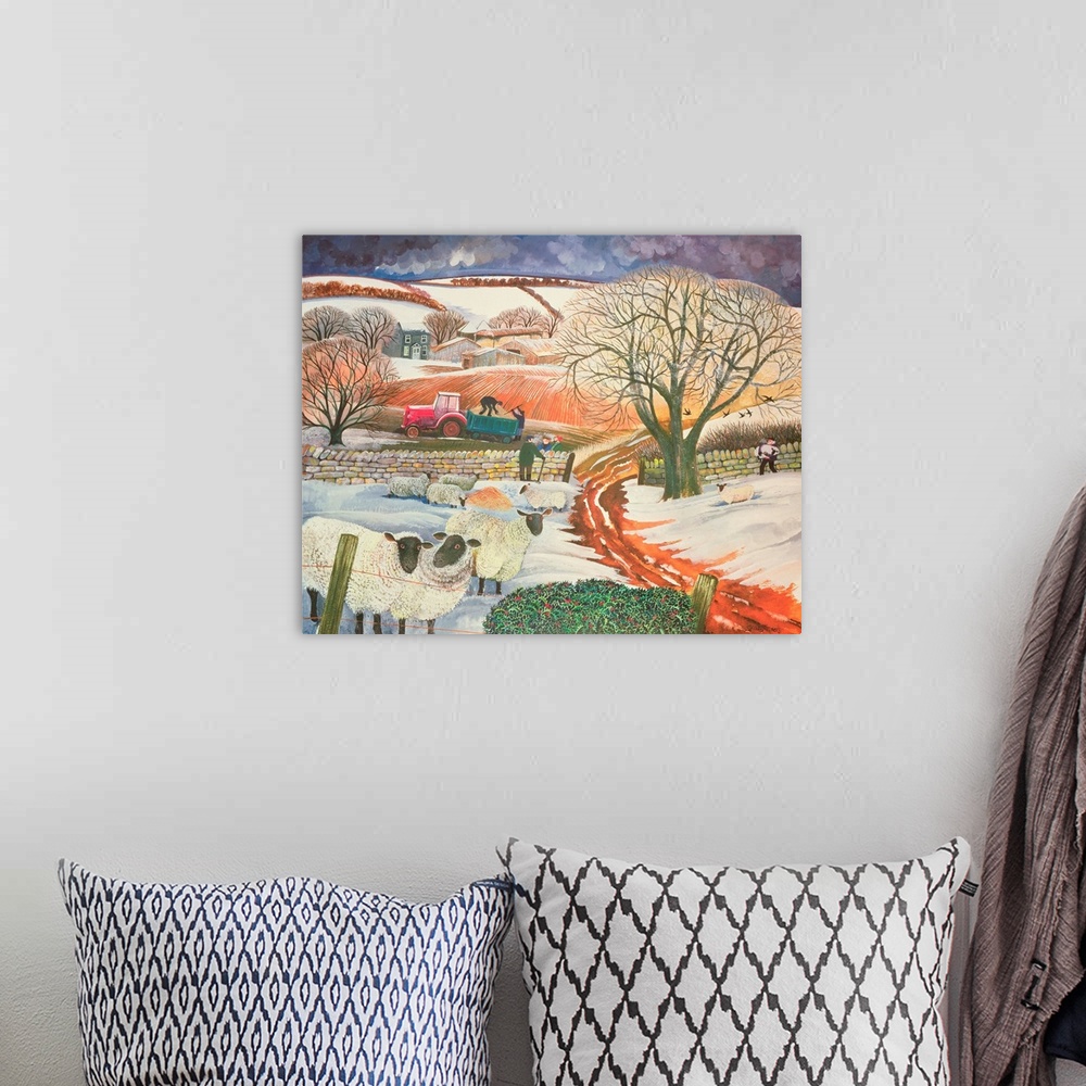 A bohemian room featuring Contemporary painting of a flock of sheep in the countryside in the winter.