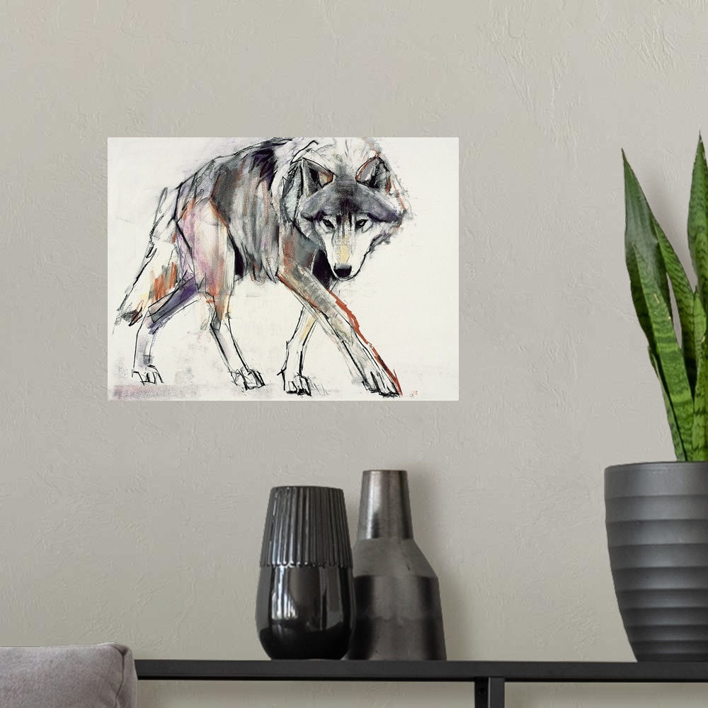 A modern room featuring A sketchy, gestural drawing of a wolf on horizontal wall art.
