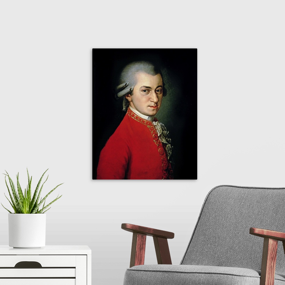 A modern room featuring XPH39198 Wolfgang Amadeus Mozart, 1818 (oil on canvas)  by Krafft, Barbara (1764-1825); Gesellsch...