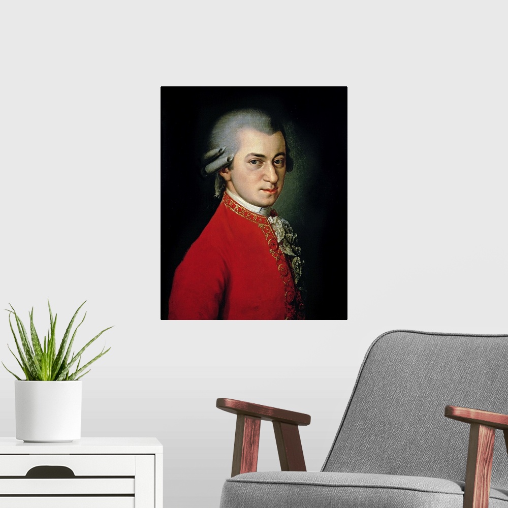 A modern room featuring XPH39198 Wolfgang Amadeus Mozart, 1818 (oil on canvas)  by Krafft, Barbara (1764-1825); Gesellsch...