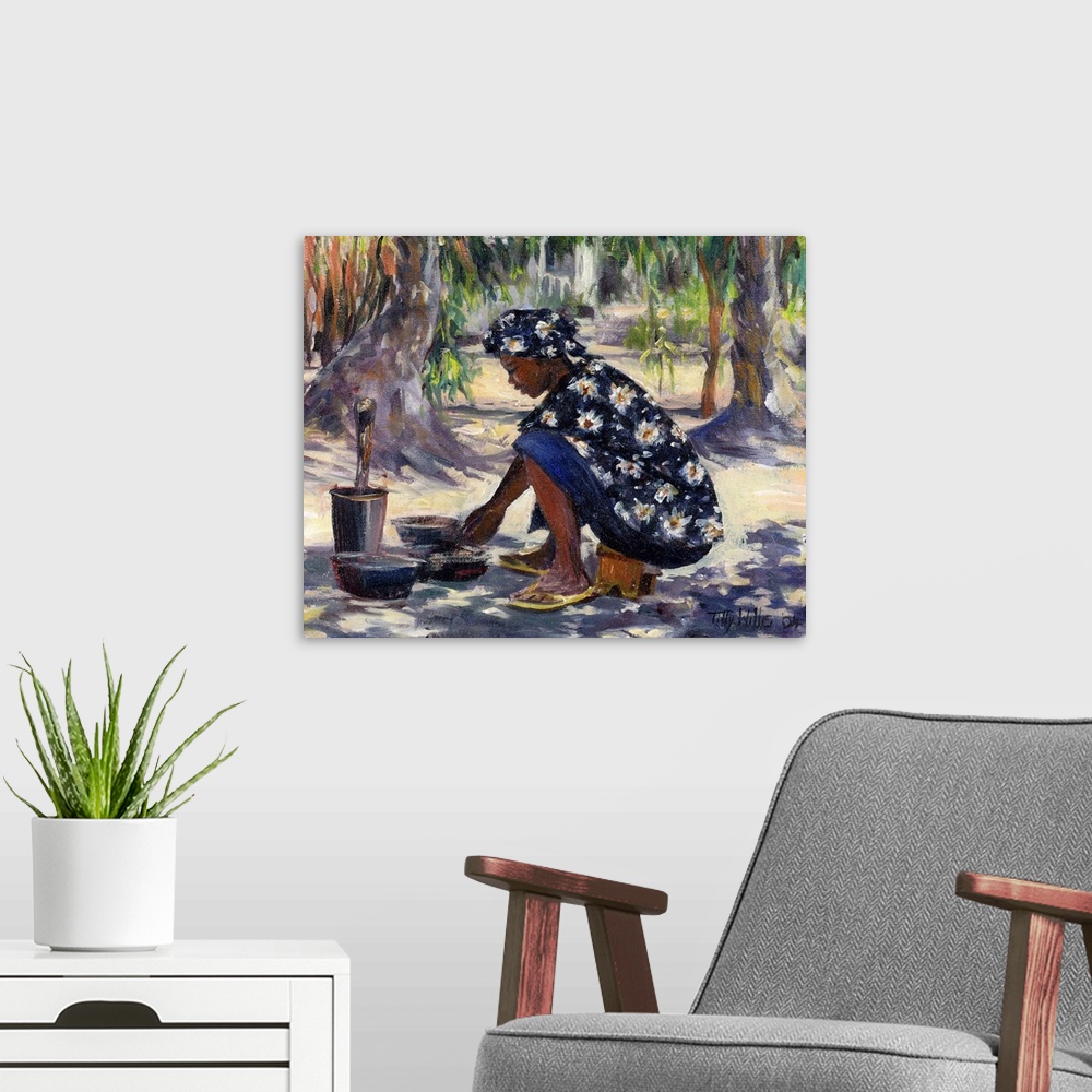 A modern room featuring Horizontal painting on a big wall hanging of an African American woman in floral clothing, squatt...