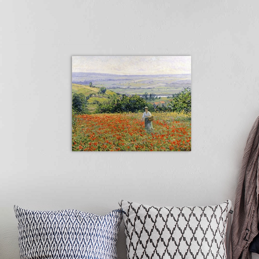 A bohemian room featuring Oil painting on canvas of a woman walking through a flower field with a countryside with rolling ...