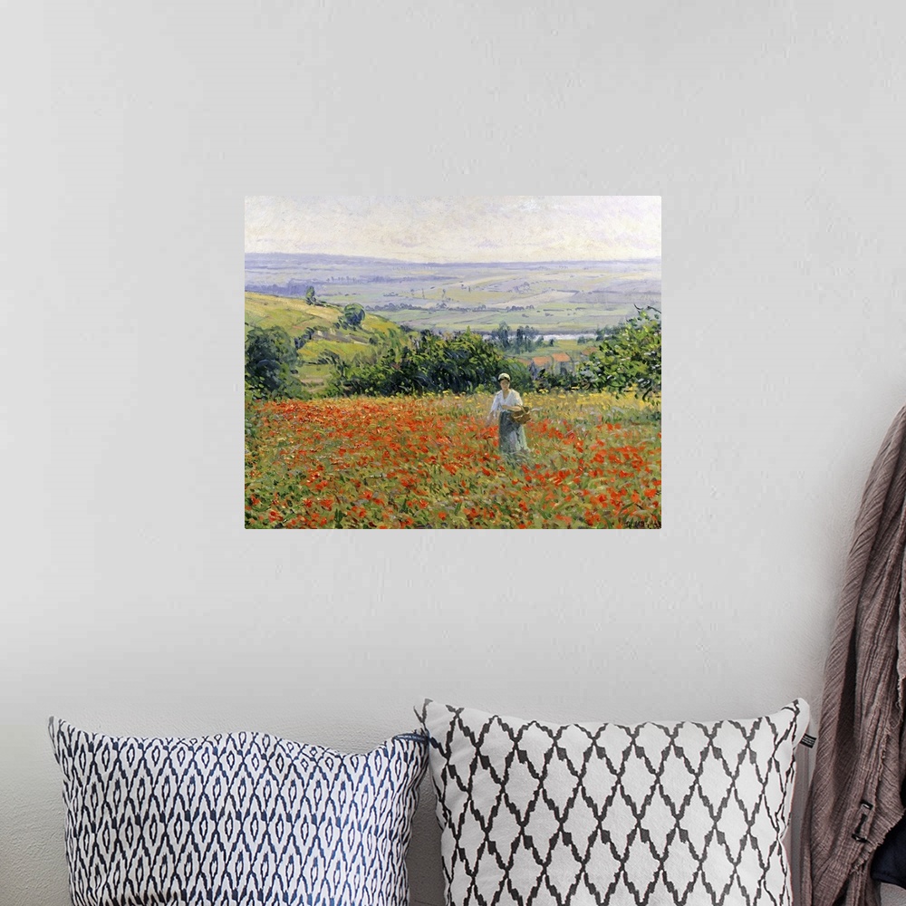 A bohemian room featuring Oil painting on canvas of a woman walking through a flower field with a countryside with rolling ...