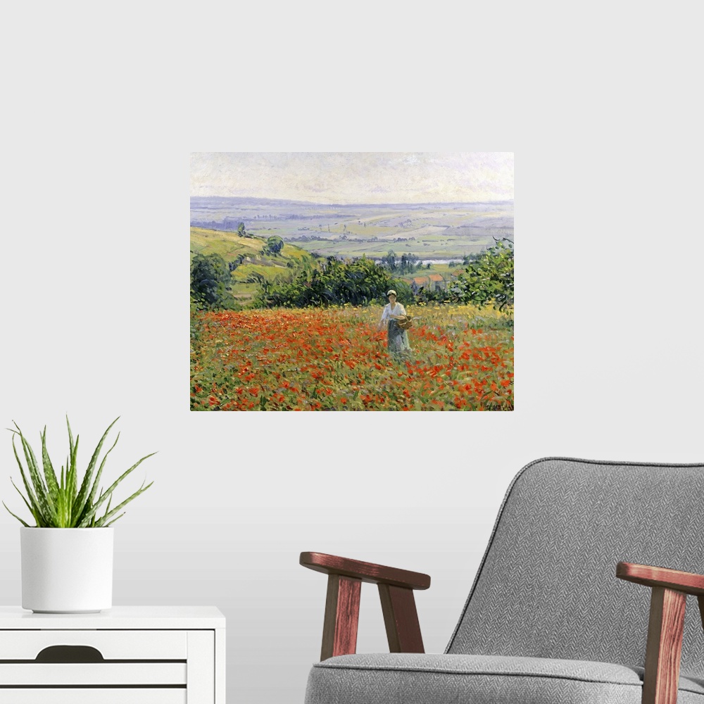 A modern room featuring Oil painting on canvas of a woman walking through a flower field with a countryside with rolling ...