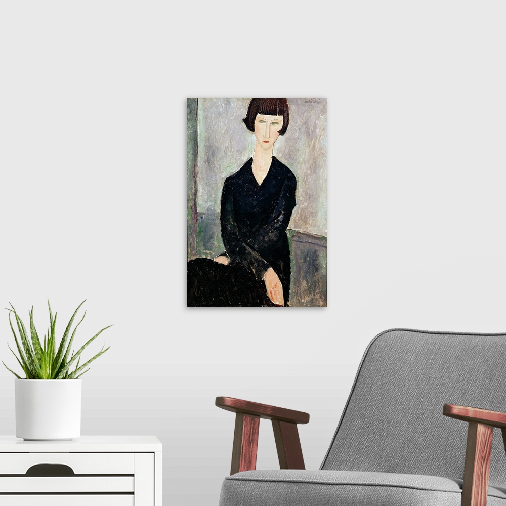 A modern room featuring Woman in Black Dress