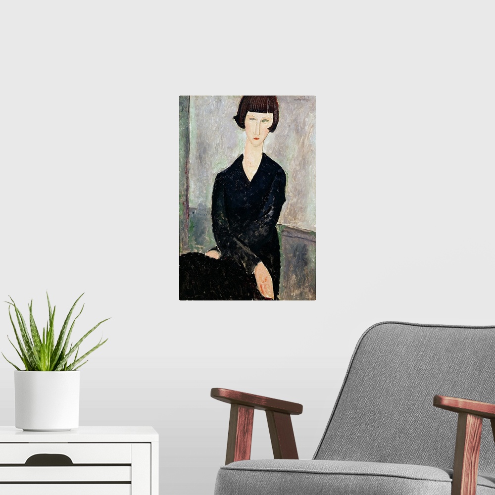 A modern room featuring Woman in Black Dress