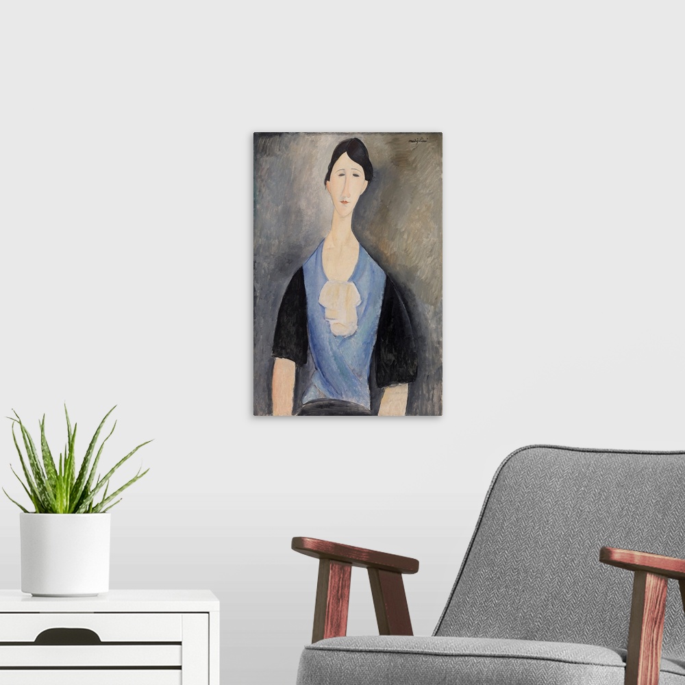 A modern room featuring Woman In Blue (Originally oil on canvas)