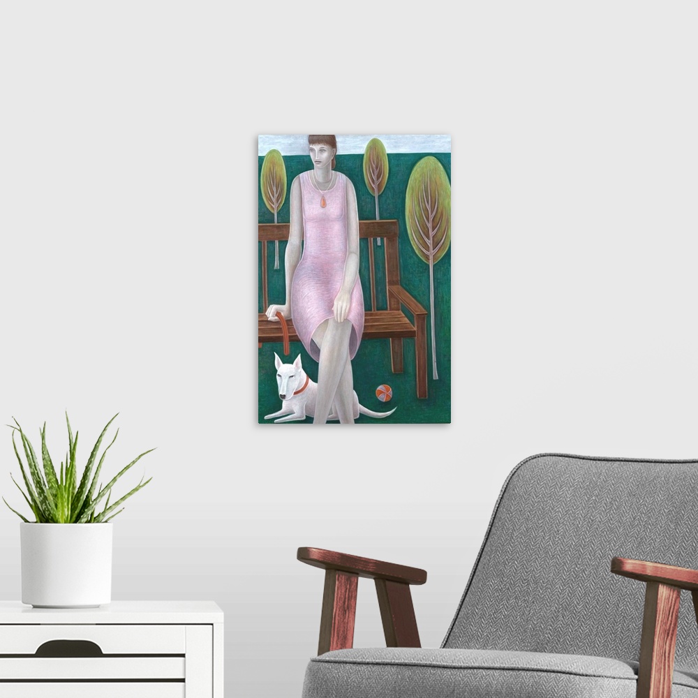 A modern room featuring Contemporary painting of a woman sitting on a bench with a dog.