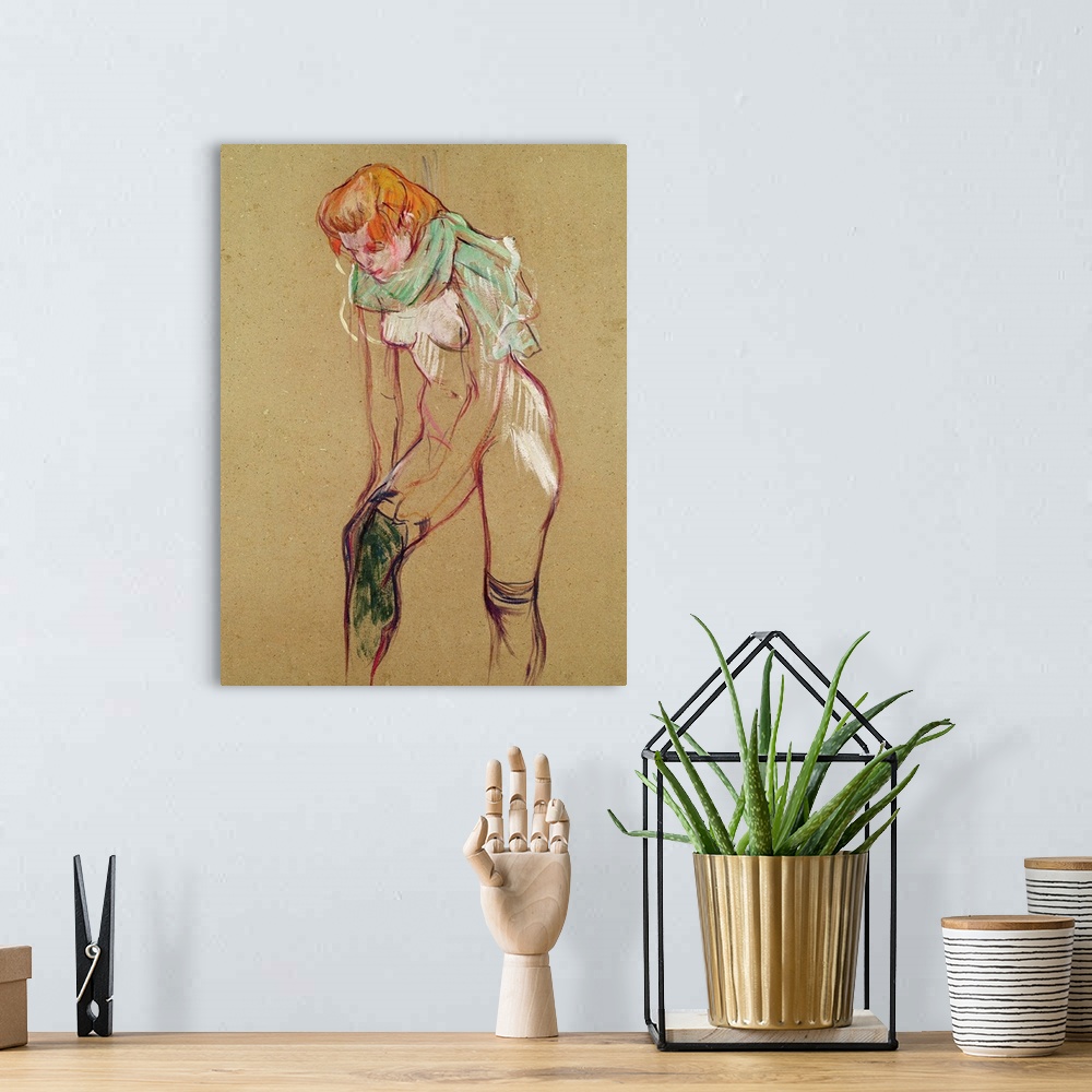 A bohemian room featuring Vertical illustration of a partially nude woman pulling up her stocking, her shirt draped around ...