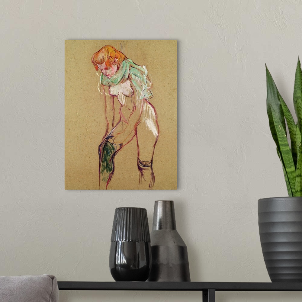 A modern room featuring Vertical illustration of a partially nude woman pulling up her stocking, her shirt draped around ...