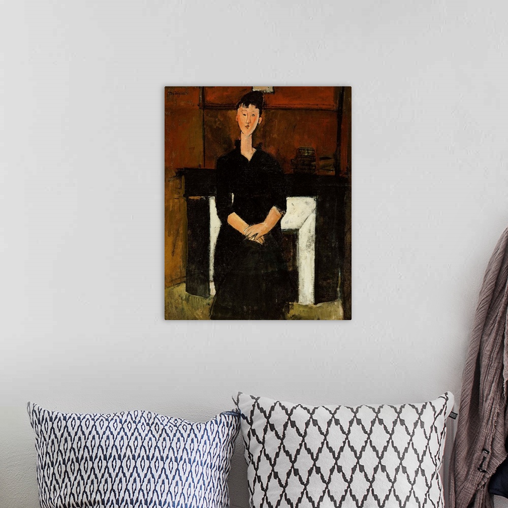 A bohemian room featuring CH378372 Woman Seated by a Fireplace, 1915 (oil on canvas) by Modigliani, Amedeo (1884-1920); Pri...