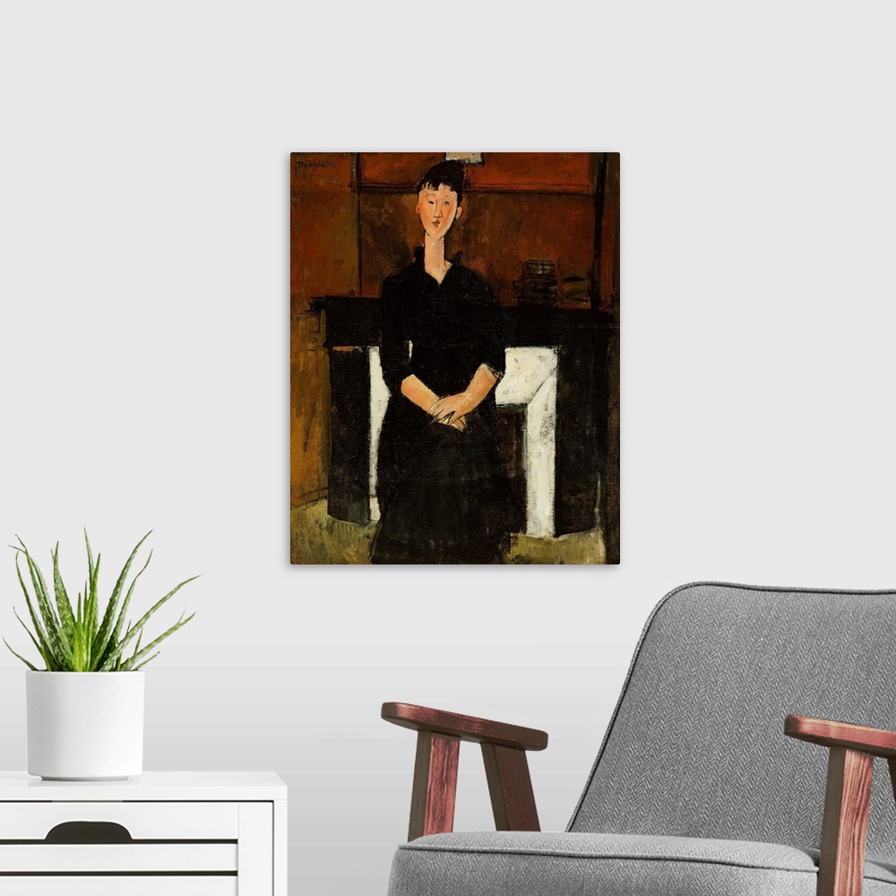 A modern room featuring CH378372 Woman Seated by a Fireplace, 1915 (oil on canvas) by Modigliani, Amedeo (1884-1920); Pri...