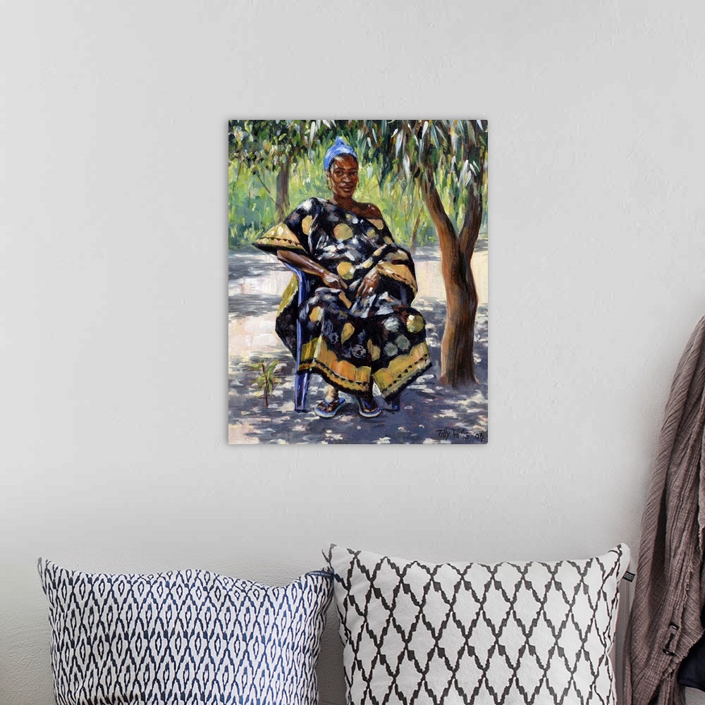 A bohemian room featuring This contemporary artwork is of a woman wearing a colorful dress sitting beneath trees that shade...