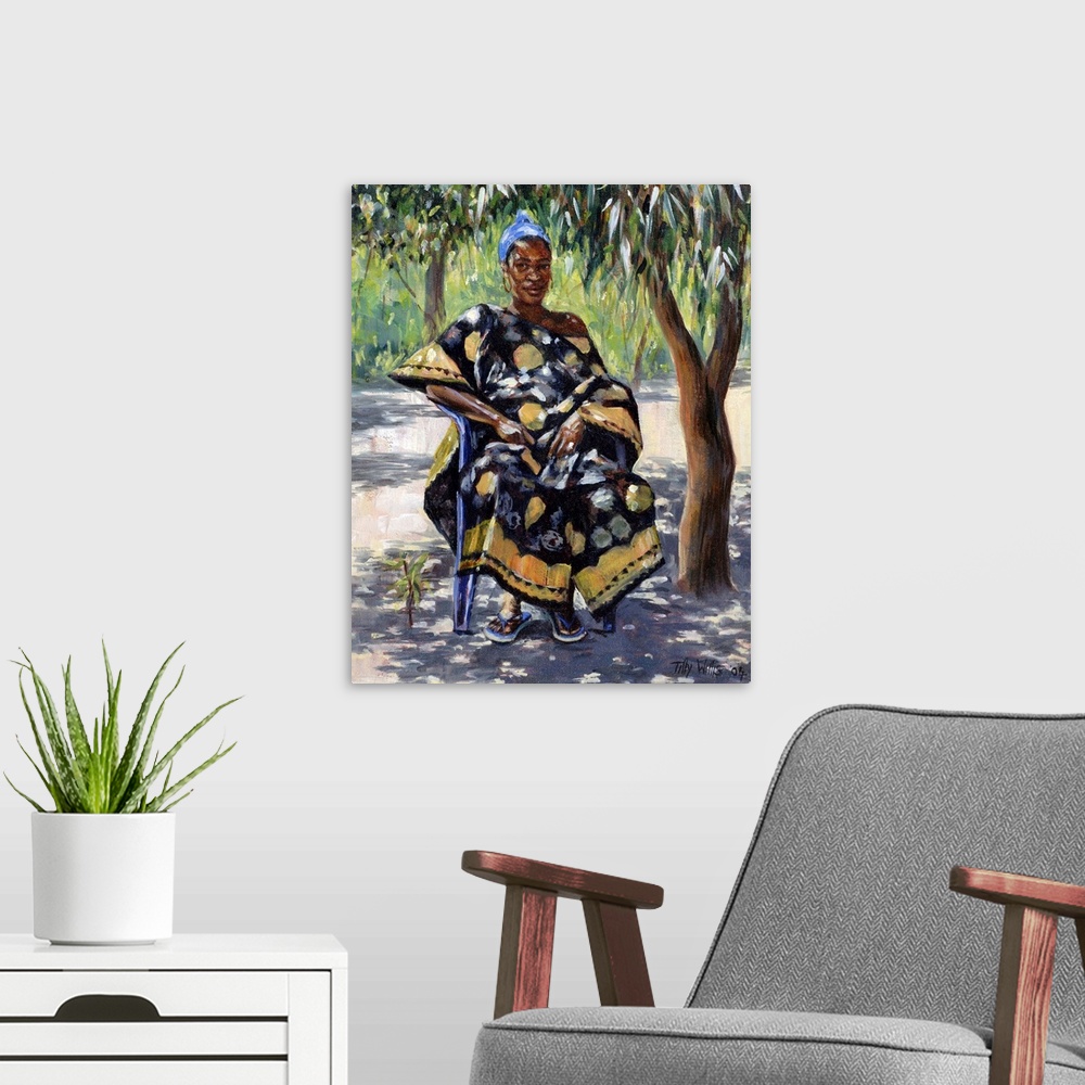 A modern room featuring This contemporary artwork is of a woman wearing a colorful dress sitting beneath trees that shade...