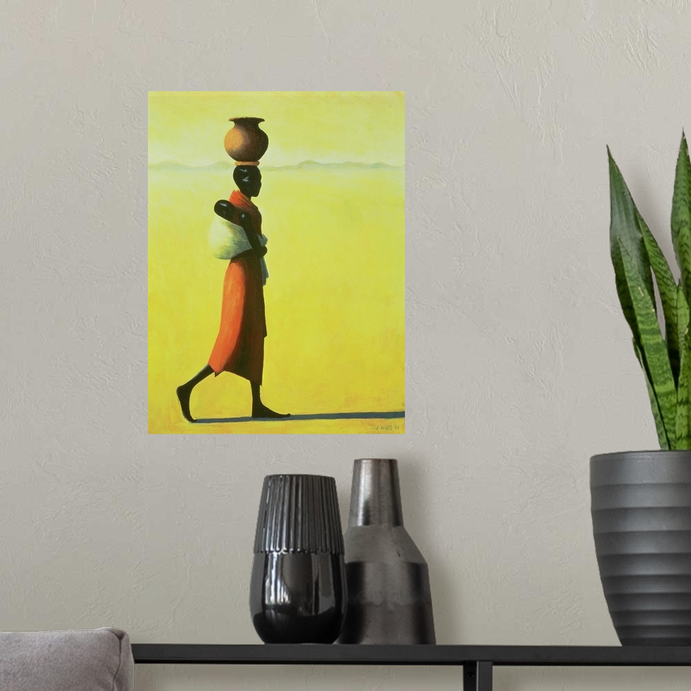 A modern room featuring This vertical painting shows a single African woman walking through the desert with an urn balanc...