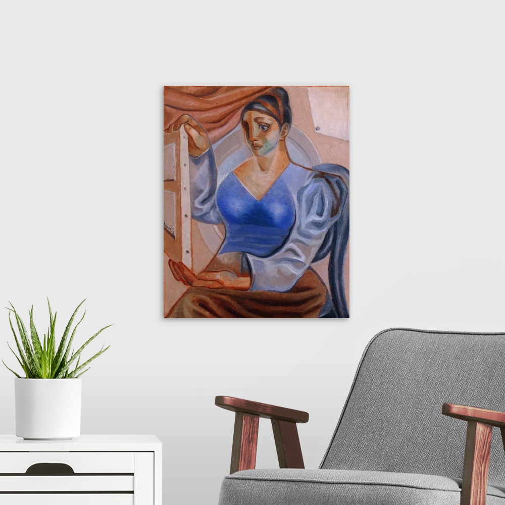 A modern room featuring Woman with a Painting; La Femme au Tableau