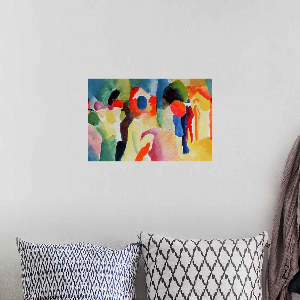 A bohemian room featuring Painting of several people moving down a crowded street.  The people are simple figures created f...