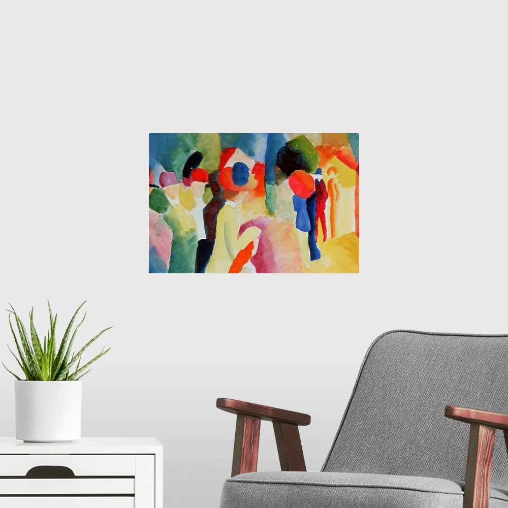 A modern room featuring Painting of several people moving down a crowded street.  The people are simple figures created f...