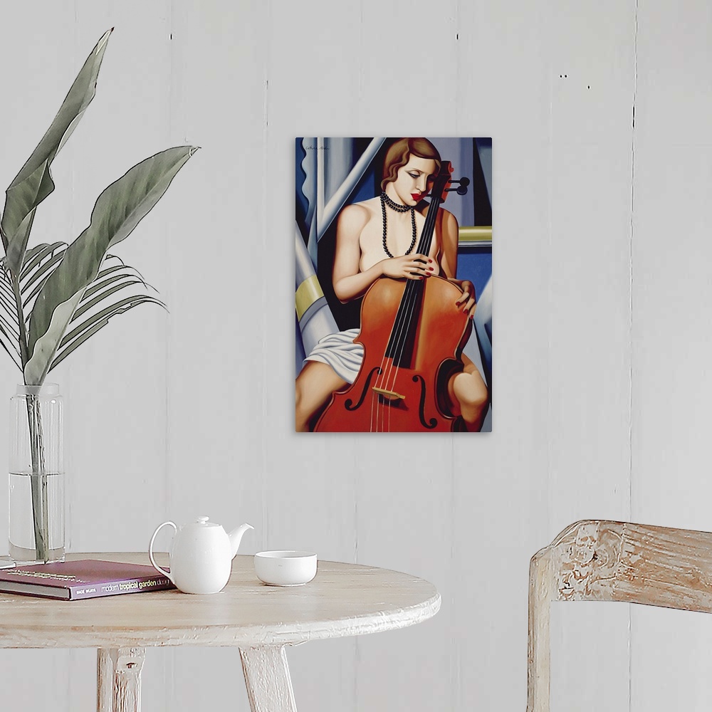 A farmhouse room featuring Big vertical contemporary artwork of a topless woman holding onto a cello as she gazes downward. ...