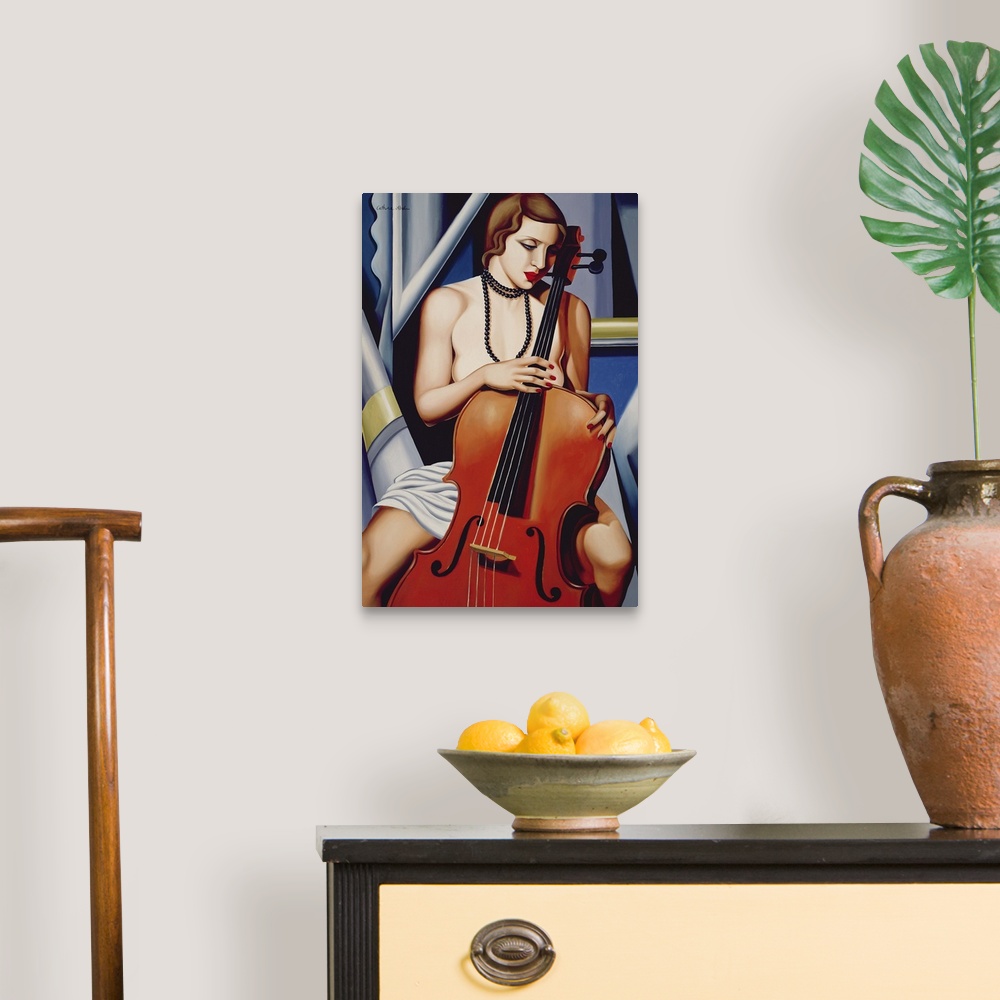 A traditional room featuring Big vertical contemporary artwork of a topless woman holding onto a cello as she gazes downward. ...