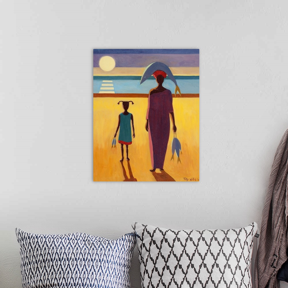 A bohemian room featuring Oil painting of a woman with a fish on her head and a little girl carrying fish walking away from...