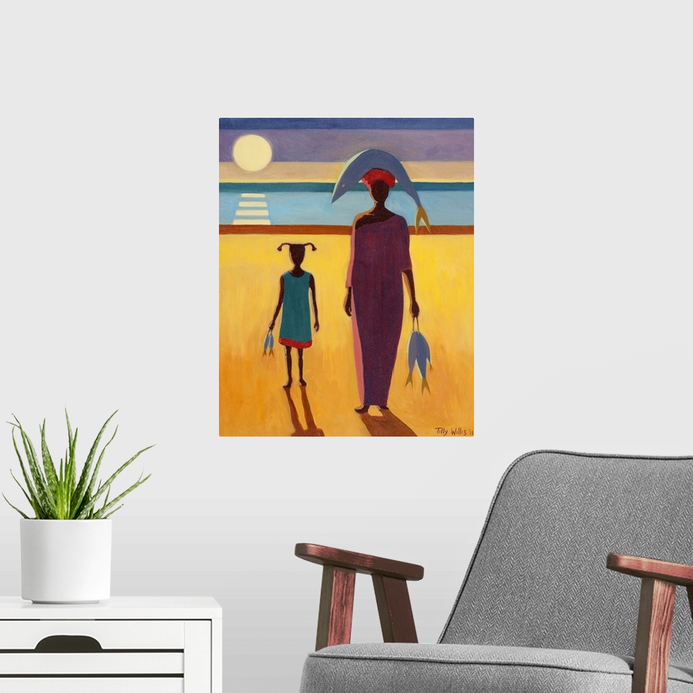 A modern room featuring Oil painting of a woman with a fish on her head and a little girl carrying fish walking away from...