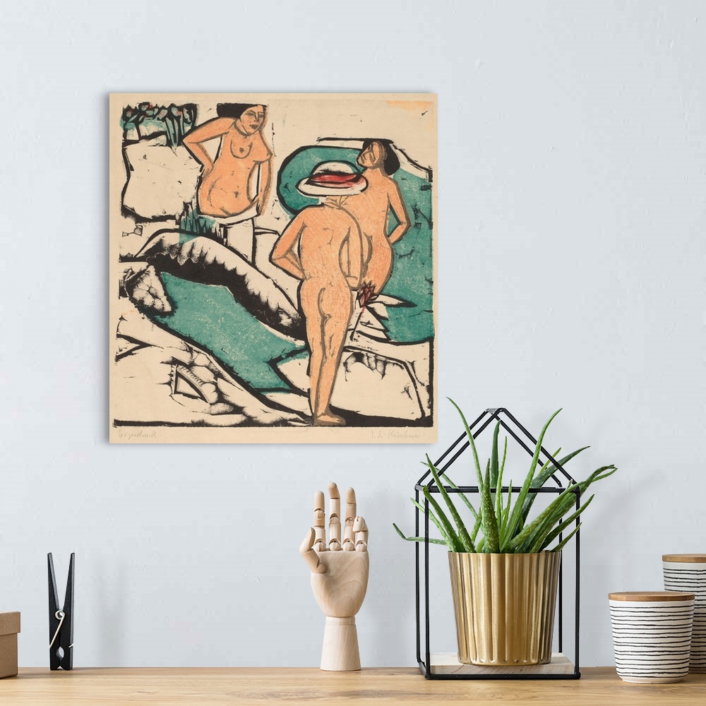 A bohemian room featuring Originally a color woodcut printed in black, green, orange and red.