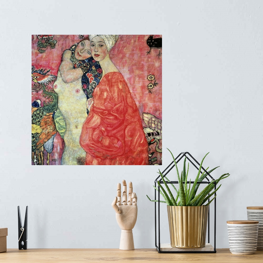 A bohemian room featuring Antique oil on canvas painting showing two females embracing.  One girl is naked and the other is...