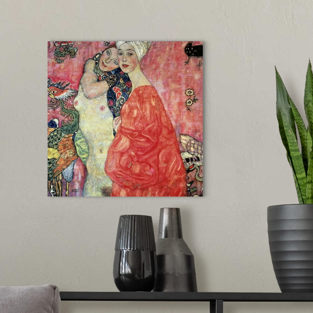 A modern room featuring Antique oil on canvas painting showing two females embracing.  One girl is naked and the other is...