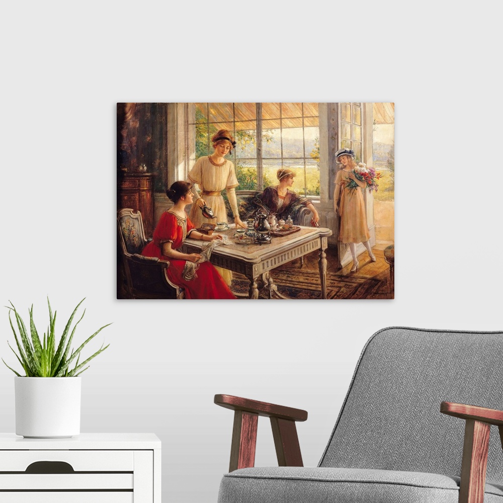 A modern room featuring Women Taking Tea by Albert Lynch