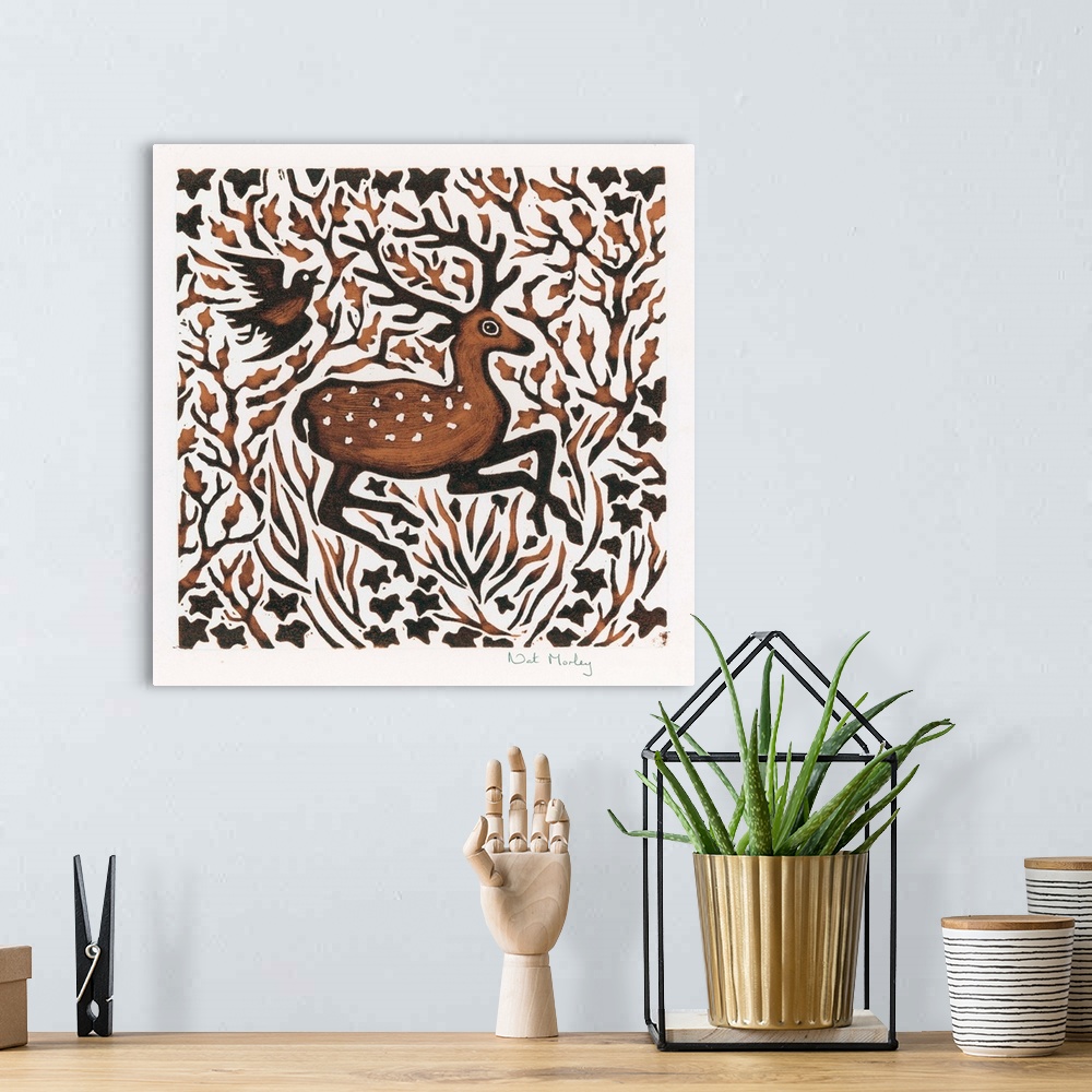 A bohemian room featuring Woodland Deer, 2000 (woodcut) by Morley, Nat (Contemporary Artist)