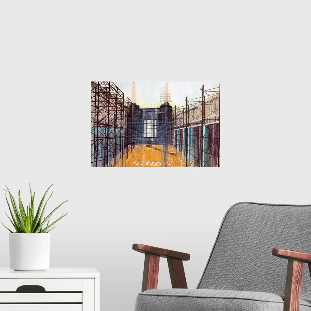A modern room featuring Contemporary painting of a building framework in progress of construction.