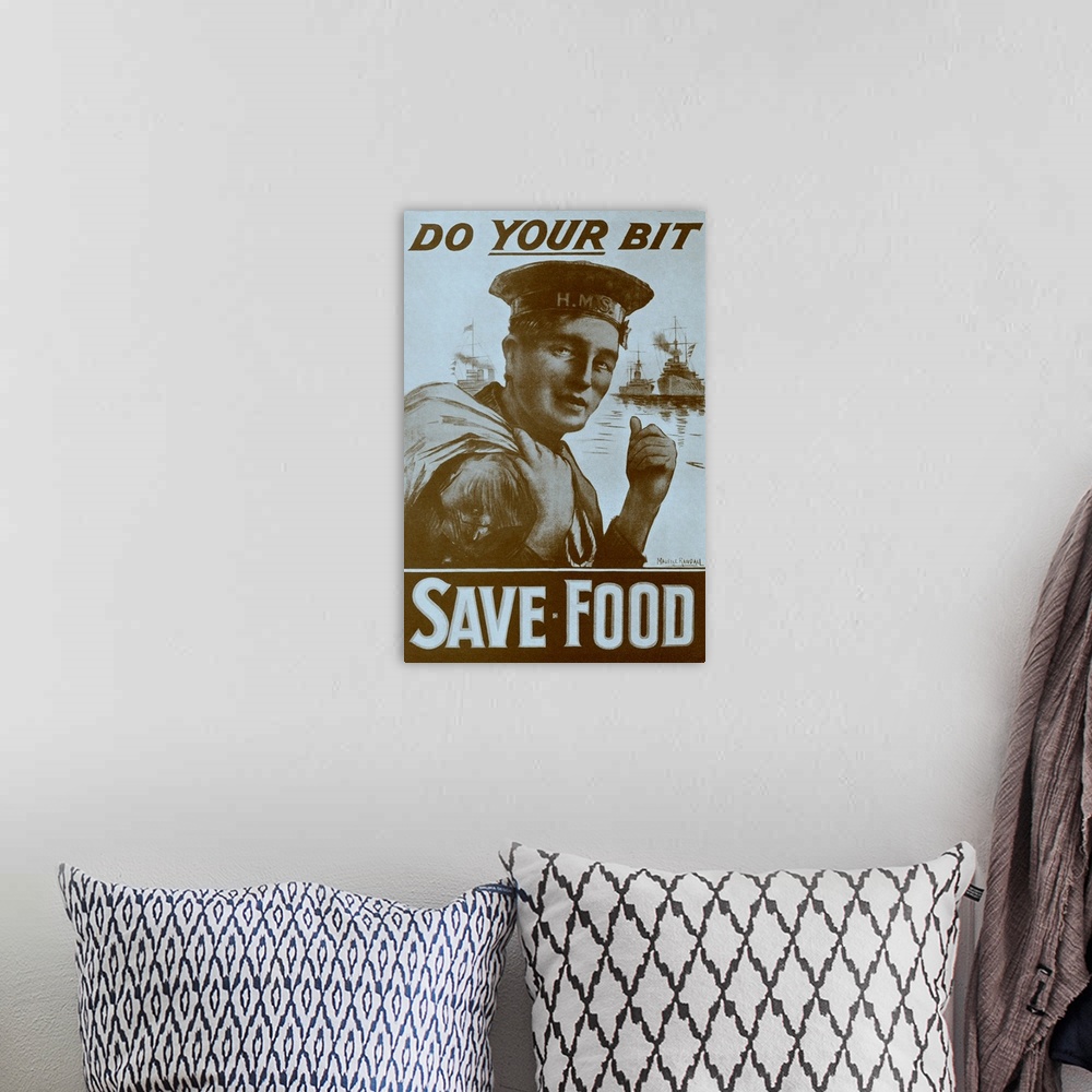 A bohemian room featuring World War 1 Food Economy Poster, 1917. Caption reads 'Do your bit: save food', message given by B...